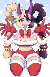 Rule 34 | 1girl, absurdres, black hair, blonde hair, blush, breasts, cleavage, commission, daigada, elbow gloves, fangs, gloves, high heels, highres, horns, incoming hug, large breasts, long hair, looking at viewer, multicolored hair, open mouth, original, red eyes, red footwear, red gloves, red shorts, red thighhighs, santa costume, shorts, smile, solo, teeth, thighhighs, upper teeth only