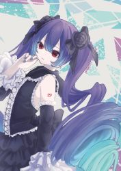 Rule 34 | 1girl, black bow, black flower, black skirt, black sleeves, blue hair, blue nails, bow, detached sleeves, floating hair, flower, frilled sleeves, frills, from side, gothic lolita, gradient hair, hair between eyes, hair bow, hair flower, hair ornament, hatsune miku, highres, katorea, layered skirt, lolita fashion, long hair, long sleeves, multicolored hair, nail polish, parted lips, red eyes, shoulder tattoo, skirt, solo, tattoo, twintails, very long hair, vocaloid