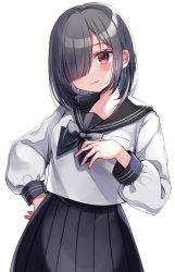 Rule 34 | 1girl, absurdres, bad id, bad pixiv id, black bow, black hair, black sailor collar, black skirt, blush, bow, closed mouth, hair over one eye, hand on own hip, highres, long sleeves, looking at viewer, minami saki, original, pleated skirt, puffy long sleeves, puffy sleeves, red eyes, sailor collar, school uniform, serafuku, shirt, simple background, skirt, smile, solo, white background, white shirt
