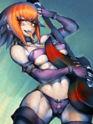 Rule 34 | 1girl, bare shoulders, black thighhighs, breasts, commentary request, covered erect nipples, denim, fangs, fingerless gloves, fumio (rsqkr), genderswap, genderswap (mtf), gloves, highres, large breasts, long hair, long tongue, looking at viewer, orange hair, short shorts, shorts, solo, thick thighs, thighhighs, thighs, tongue, tongue out, vampire (game), zabel zarock, zipper