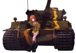 Rule 34 | 1girl, absurdres, alternate costume, black footwear, boots, brown eyes, brown hair, brown jacket, chi-hatan military uniform, commentary, commission, cosplay, english commentary, english text, girls und panzer, hand on own thigh, head tilt, highres, jacket, knee boots, long sleeves, looking at viewer, military uniform, military vehicle, miniskirt, mizzterbii, motor vehicle, nishi kinuyo, nishi kinuyo (cosplay), nishizumi miho, pleated skirt, short hair, skirt, smile, solo, standing, tank, tiger i, uniform, vehicle focus, yellow skirt