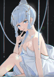 Rule 34 | 1girl, absurdres, alternate costume, ayaka (genshin impact), backless dress, backless outfit, ballerina, bare shoulders, black background, blunt bangs, blunt tresses, breasts, cleavage, dress, finger to mouth, genshin impact, grey eyes, grey hair, grey nails, hair ornament, high ponytail, highres, knee up, large breasts, light particles, long hair, looking at viewer, moti11kkk29, nail polish, solo, strapless, strapless dress, white dress