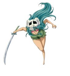 Rule 34 | 1girl, arrancar, ass, bleach, bleach: brave souls, blue hair, breasts, butt crack, copyright name, covered erect nipples, facepaint, facial mark, full body, gimp (medium), grey eyes, highres, katana, kubo tite, large breasts, long hair, nelliel tu odelschwanck, no bra, no panties, non-web source, official art, revealing clothes, scan, skull, solo, sword, tattoo, third-party edit, torn clothes, underboob, weapon