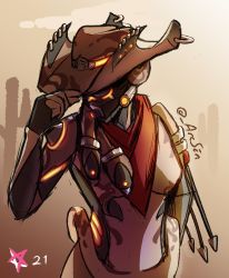 Rule 34 | 1girl, absurdres, alternate costume, arcafterdark, arrow (projectile), artist name, bioluminescence, breasts, cactus, colored skin, cowboy hat, cowboy shot, glowing, hat, hat tip, highres, ivara (warframe), midriff, multicolored skin, neckerchief, simple background, small breasts, solo, twitter username, warframe