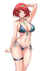 Rule 34 | 1girl, absurdres, alternate costume, arm behind head, bikini, black bikini, breasts, chest jewel, collarbone, commentary, cowboy shot, english commentary, highres, large breasts, navel, parfait desu, pyra (xenoblade), red eyes, red hair, short hair, side-tie bikini bottom, simple background, solo, swimsuit, tiara, white background, xenoblade chronicles (series), xenoblade chronicles 2