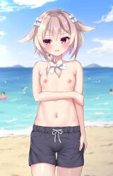 Rule 34 | 1girl, absurdres, ambiguous gender, armpit crease, bare arms, beach, blue sky, blurry, blurry background, blush, bow, braid, breasts, bulge, commentary request, commission, cowboy shot, crossdressing, day, eyelashes, hair between eyes, hair bow, highres, hoshi no otome to rikka no shimai, light brown hair, looking to the side, male swimwear, male swimwear challenge, navel, ncontrail (mgax7527), nipples, ocean, open mouth, outdoors, red eyes, shiny skin, short hair with long locks, shy, single braid, skeb commission, sky, small breasts, solo, standing, stomach, straight-on, sweatdrop, swim trunks, topless, wavy mouth, white bow, yamabuki yuki
