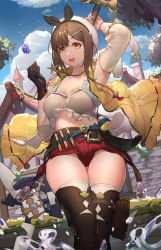 Rule 34 | 1girl, absurdres, artist name, atelier (series), atelier ryza, atelier ryza 1, bad id, bad pixiv id, belt, breasts, brown eyes, brown hair, collarbone, commentary request, dated, gloves, hair ornament, hairclip, hat, highres, jacket, jewelry, large breasts, looking at viewer, luomo, navel, necklace, open mouth, outdoors, red shorts, reisalin stout, short hair, short shorts, shorts, smile, solo, star (symbol), thighhighs, thighs, white hat, yellow jacket