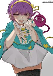 Rule 34 | 1girl, :p, absurdres, blush, bright pupils, cowboy shot, cum, cum on clothes, facial, heart, highres, komeiji satori, looking at viewer, nose blush, purple eyes, purple hair, short hair, simple background, skirt, snot, solo, tearing up, thighhighs, third eye, tongue, tongue out, touhou, white background, wide sleeves, yokuaka