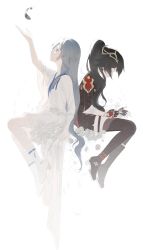 Rule 34 | 2girls, absurdres, back-to-back, black footwear, black gloves, black hair, black jacket, black shorts, blue eyes, boots, closed eyes, closed mouth, dress, dual persona, feathers, fingerless gloves, flower, fu hua, fu hua (shadow knight), full body, gloves, hair ornament, highres, honkai (series), honkai impact 3rd, invisible chair, jacket, long hair, multiple girls, ponytail, rafaelaaa, shorts, simple background, sitting, sleeves rolled up, thigh boots, thighhighs, vampire, white background, white dress, white flower, white footwear