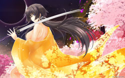 Rule 34 | 1girl, back, black hair, breasts, cherry blossoms, eclipse, highres, japanese clothes, katana, long hair, looking back, miyata sou, muv-luv, muv-luv alternative, muv-luv total eclipse, nude, over shoulder, see-through, solo, sword, sword over shoulder, takamura yui, weapon, weapon over shoulder