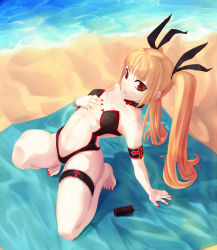 Rule 34 | 1girl, alternate costume, arc system works, arm garter, arm support, bad id, bad pixiv id, barefoot, beach, blazblue, blonde hair, bow, choker, day, hair bow, highres, leaning back, long hair, nail polish, navel, onsen nakaya, rachel alucard, red eyes, red nails, slit pupils, solo, swimsuit, twintails