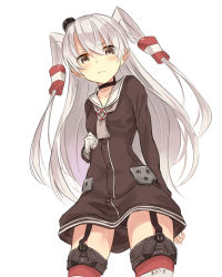 Rule 34 | 10s, 1girl, amatsukaze (kancolle), azuuru (azure0608), bad id, bad pixiv id, black panties, blush, brown eyes, dress, frown, garter straps, gloves, hair tubes, highres, kantai collection, long hair, looking at viewer, looking down, panties, pantyshot, sailor dress, short dress, silver hair, solo, striped clothes, striped thighhighs, thighhighs, twintails, two side up, underwear, upskirt, white background, zettai ryouiki