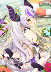 Rule 34 | 1girl, :o, absurdres, ahoge, ass, back, black choker, blush, chain, choker, demon girl, demon horns, flower, from behind, hair between eyes, hair flower, hair ornament, highres, hololive, horns, innertube, la+ darknesss, lens flare, long hair, looking at viewer, looking back, multicolored hair, open mouth, partially submerged, pointy ears, purple hair, sitting, solo, spice mega, streaked hair, striped horns, swim ring, tail, topless, very long hair, virtual youtuber, wariza, yellow eyes
