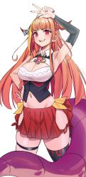 Rule 34 | 1girl, absurdres, adapted costume, armpits, blonde hair, blunt bangs, bow, breasts, diagonal-striped bow, dragon girl, dragon horns, dragon tail, fang, highres, hololive, horn bow, horn ornament, horns, kiritzugu, kiryu coco, large breasts, long hair, midriff, multicolored hair, nail polish, navel, orange hair, red eyes, shirt, side-tie skirt, single thighhigh, sleeveless, sleeveless shirt, solo, streaked hair, tail, thighhighs, virtual youtuber