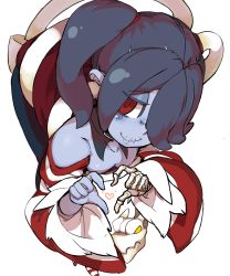 Rule 34 | 1girl, bare shoulders, blue hair, blue skin, bone, breasts, cleavage, collarbone, colored skin, detached collar, detached sleeves, from above, hair over one eye, heart, heart hands, higa norio, highres, leviathan (skullgirls), long hair, looking at viewer, red eyes, side ponytail, simple background, skirt, skullgirls, small breasts, smile, solo, squigly (skullgirls), stitched mouth, stitches, striped, striped sleeves, white background, zombie