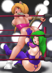 Rule 34 | 2girls, animal ears, arena, ass, cat ears, cat tail, catfight, crowd, face in ass, fighting, green hair, highres, humiliation, jewelry, kazetanuki, leopard, multiple girls, pain, panties, ring, shoulder pads, sitting, sitting on face, sitting on person, smile, tail, thong, turnbuckle, underwear, wrestling, wrestling ring
