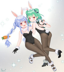 Rule 34 | 2girls, animal ear fluff, animal ears, artist name, back, backless outfit, bare shoulders, black footwear, black gloves, black pantyhose, blue hair, blush, bow, braid, breasts, carrot, carrot hair ornament, cleavage, closed mouth, don-chan (usada pekora), double bun, earrings, extra ears, eyebrows, fake animal ears, fishnet legwear, fishnets, food-themed hair ornament, full body, gloves, green hair, grey background, hair bun, hair ornament, hand on own chest, holding hands, hololive, jewelry, leotard, long hair, looking at viewer, medium breasts, multicolored hair, multiple girls, naomi (fantasia), open mouth, pantyhose, playboy bunny, rabbit ears, rabbit girl, rabbit tail, red eyes, scarf, short hair, smile, tail, teeth, thick eyebrows, thighs, twin braids, two-tone hair, upper teeth only, uruha rushia, usada pekora, very long hair, virtual youtuber, white bow, white footwear, white hair