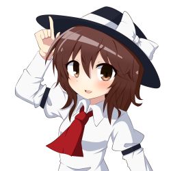 Rule 34 | 1girl, bad id, bad pixiv id, bow, brown eyes, brown hair, hat, hat bow, necktie, open mouth, solo, touhou, twumi, usami renko, white background