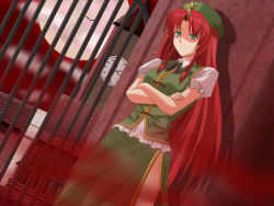 Rule 34 | 1girl, bow, braid, china dress, chinese clothes, clock, clock tower, crossed arms, dress, dutch angle, embodiment of scarlet devil, female focus, fog, full moon, green eyes, hong meiling, kawazuishi, long hair, moon, night, red hair, red mist, red moon, red sky, scarlet devil mansion, sdm, serious, shaded face, sky, slit pupils, solo, touhou, tower, twin braids
