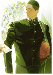 Rule 34 | 1boy, 1other, bag, ball, basketball (object), black eyes, black hair, black jacket, black pants, buzz cut, carrying, carrying under arm, cow, cowboy shot, day, flower, gakuran, highres, holding, holding ball, holding letter, jacket, kooou102, letter, light particles, looking at another, love letter, male focus, out of frame, pants, sawakita eiji, school bag, school uniform, short hair, slam dunk (series), solo focus, sunlight, undercut, very short hair