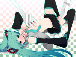 Rule 34 | 1girl, boots, checkered background, detached sleeves, fork, green eyes, green hair, hatsune miku, headset, highres, impaled, knife, long hair, matching hair/eyes, necktie, open mouth, panties, pantyshot, skirt, solo, striped clothes, striped panties, takesouko, thigh boots, thighhighs, twintails, underwear, upskirt, very long hair, vocaloid