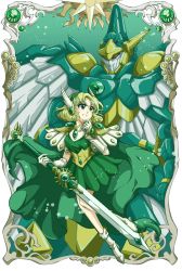 Rule 34 | 1girl, ame (tameste), armor, armored dress, blonde hair, cape, dress, gem, gloves, green background, green cape, green dress, green eyes, green hairband, green theme, hairband, highres, holding, holding sword, holding weapon, hououji fuu, looking away, magic knight rayearth, mashin, mecha, official alternate costume, official style, open mouth, pauldrons, reverse grip, robot, shoes, short hair, shoulder armor, sword, weapon, white footwear, white gloves, windam (rayearth), wing hair ornament
