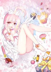 Rule 34 | 1girl, bad id, bad pixiv id, barefoot, bow, box, breasts, dress, feathered wings, gift, gift box, grey eyes, hair bow, hair ornament, highres, long hair, milcona, open mouth, original, pink eyes, small breasts, solo, white bow, white dress, white wings, wings