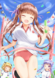Rule 34 | 3girls, black ribbon, black socks, blonde hair, blue sky, blush, bouncing breasts, breasts, brown hair, buruma, closed eyes, cloud, collarbone, collared shirt, commentary request, company connection, confetti, crossover, dated, day, gluteal fold, gochuumon wa usagi desu ka?, gym uniform, hair ribbon, highres, holding, iijima yun, kneehighs, long hair, multiple girls, new game!, open mouth, outdoors, pennant, pink footwear, puffy short sleeves, puffy sleeves, purple eyes, purple hair, red buruma, ribbon, shirt, shoes, short sleeves, sky, small breasts, socks, standing, standing on one leg, string of flags, suzukaze aoba, tears, twintails, twitter username, two side up, ujimatsu chiya, very long hair, white shirt, xenon (for achieve)