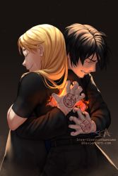 Rule 34 | 1boy, 1girl, artist name, belt, black background, black belt, black coat, black hair, black pants, black shirt, blonde hair, burning, closed eyes, closed mouth, coat, crying, earrings, fire, fullmetal alchemist, gloves, highres, hug, insertsomthinawesome, jewelry, long hair, long sleeves, pants, riza hawkeye, roy mustang, shirt, short hair, short sleeves, signature, simple background, smile, standing, white gloves