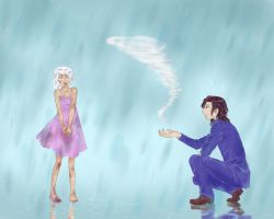 Rule 34 | 10s, 1boy, 1girl, age difference, aged down, bare arms, bare shoulders, dark skin, dress, full body, marvel, outdoors, rain, reflection, riptide (x-men), scar, scared, shoes, single shoe, size difference, squatting, storm (x-men), strapless, strapless dress, tears, white hair, x-men