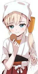 Rule 34 | 1girl, asava (hutaitenn), bandana, blonde hair, blue eyes, blunt bangs, cookie, dougi, food, hair ornament, hakama, highres, japanese clothes, kantai collection, long hair, marriage certificate (object), paper, red hakama, shin&#039;you (kancolle), side ponytail, simple background, solo, translation request, upper body, white background