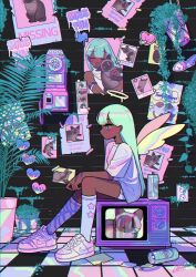 Rule 34 | 1girl, can, cat, dark-skinned female, dark skin, from side, green eyes, green hair, halo, heart, highres, kneehighs, long hair, nike (company), original, phone, picture frame, pink hair, plant, potted plant, profile, shirt, shoes, short shorts, short sleeves, shorts, signature, sitting, sneakers, socks, solo, soup effect, star (symbol), television, tile floor, tiles, wings