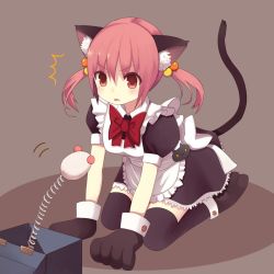 Rule 34 | 1girl, ^^^, animal ears, animal hands, bad id, bad pixiv id, cat ears, cat paws, cat tail, gloves, hair bobbles, hair ornament, jack-in-the-box, kneeling, maid, nekomo, original, paw gloves, pink eyes, pink hair, solo, tail, thighhighs, twintails