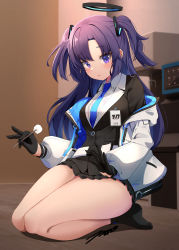 Rule 34 | 1girl, absurdres, akinoji (akiponpon27), belt, black gloves, black jacket, black skirt, black socks, blue archive, blue necktie, blush, collared shirt, dress shirt, ear cleaning, embarrassed, formal, gloves, half gloves, halo, highres, id card, jacket, lap pillow invitation, long hair, looking at viewer, mechanical halo, microskirt, mimikaki, necktie, no shoes, off shoulder, open clothes, open jacket, parted bangs, parted lips, pleated skirt, purple eyes, purple hair, seiza, shirt, sitting, skirt, socks, solo, suit, suit jacket, thighs, two-sided fabric, two-sided jacket, two side up, white belt, white jacket, white shirt, yuuka (blue archive)