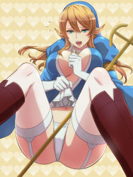 Rule 34 | 10s, 1girl, aqua eyes, blonde hair, boots, breasts, clothes lift, cross, eleventh, flying sweatdrops, garter straps, gloves, heart, heart background, jewelry, large breasts, long hair, mole, navel, necklace, nun, open mouth, panties, queen&#039;s blade, queen&#039;s blade rebellion, sigui (queen&#039;s blade), skirt, skirt lift, solo, staff, thighhighs, underwear, upskirt, white gloves, white panties, white thighhighs