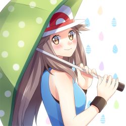 Rule 34 | 1girl, blush, brown eyes, brown hair, closed mouth, commentary request, creatures (company), eyelashes, from side, game freak, green umbrella, hair flaps, hands up, hat, holding, holding umbrella, leaf (pokemon), long hair, looking at viewer, nintendo, pokemon, pokemon frlg, polka dot, polka dot umbrella, scbstella, smile, solo, umbrella, upper body, white background, white hat, wristband