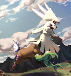 Rule 34 | blue sky, cloud, cloudy sky, commentary, creature, creatures (company), day, english commentary, full body, game freak, gen 7 pokemon, highres, jumping, legendary pokemon, looking at viewer, mountain, nintendo, no humans, outdoors, pinkgermy, pokemon, pokemon (creature), rock, running, shadow, silvally, sky, solo