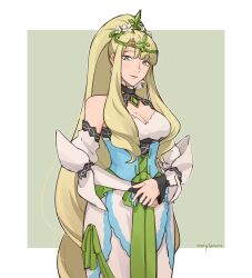 Rule 34 | 1girl, border, breasts, cleavage, closed mouth, commentary, detached sleeves, dress, english commentary, eve (fire emblem engage), fire emblem, fire emblem engage, green eyes, grey background, highres, large breasts, long hair, looking at viewer, merylemons, nintendo, outside border, own hands together, ponytail, sidelocks, signature, simple background, smile, solo, very long hair, white border, white dress