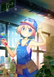 Rule 34 | 1girl, absurdres, armpits, bare arms, bare shoulders, baseball cap, blue eyes, blue pants, collarbone, commentary request, flat chest, grin, hat, highres, indoors, light brown hair, looking at viewer, mishiki sakana, nail polish, original, overalls, paint, pants, print headwear, short hair, smile, solo, tank top, teeth