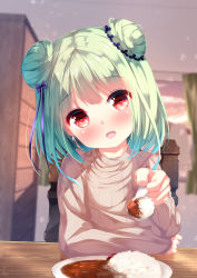 Rule 34 | 1girl, :d, blue bow, blue flower, blurry, blurry background, blush, bow, brown sweater, chair, chinomaron, commentary request, curry, curry rice, depth of field, double bun, feeding, flower, food, green hair, hair bow, hair bun, hair flower, hair ornament, head tilt, highres, holding, holding spoon, hololive, incoming food, indoors, long sleeves, looking at viewer, on chair, open mouth, plate, red eyes, ribbed sweater, rice, sitting, sleeves past wrists, smile, solo, spoon, sweater, table, upper body, uruha rushia, virtual youtuber