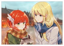 Rule 34 | 1boy, 1girl, bad id, bad twitter id, blonde hair, fire emblem, fire emblem: the blazing blade, food, green eyes, holding, holding food, jacket, long hair, lucius (fire emblem), nintendo, priscilla (fire emblem), red hair, scarf, smile, sushitarou, winged hair ornament, yellow eyes