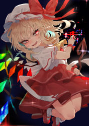 Rule 34 | 1girl, absurdres, blonde hair, bow, fang, flandre scarlet, foot out of frame, hat, hat bow, highres, legs together, long hair, mary janes, mob cap, muraryo, one side up, open mouth, pointy ears, red bow, red eyes, red footwear, shoes, smile, socks, solo, touhou, white hat, white socks