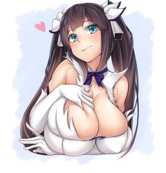 Rule 34 | 10s, 1girl, absurdres, alternate eye color, arm ribbon, bad id, bad nicoseiga id, bare shoulders, black hair, blue bow, blue ribbon, bow, bowtie, grabbing another&#039;s breast, breast hold, breasts, cleavage, cleavage cutout, clothing cutout, collarbone, deep skin, derivative work, dress, dungeon ni deai wo motomeru no wa machigatteiru darou ka, gloves, grabbing, green eyes, hair ornament, hair ribbon, hand on breast, heart, hestia (danmachi), highres, huge breasts, long hair, looking at viewer, rei no himo, ribbon, short dress, skin tight, skindentation, sleeveless, sleeveless dress, smile, solo, traces, twintails, upper body, white dress, white gloves