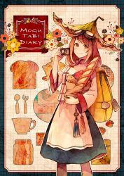 Rule 34 | 1girl, akagi shun, baguette, blue skirt, bread, brown eyes, brown hair, camera, closed mouth, flower, food, goggles, groceries, hand up, hat, holding, holding camera, looking at viewer, original, skirt, smile, solo, taiyaki, wagashi