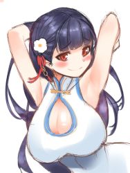 Rule 34 | 1girl, armpits, arms behind head, arms up, azur lane, bad id, bad twitter id, bare arms, bare shoulders, black hair, blunt bangs, blush, breasts, chemical dragon, china dress, chinese clothes, cleavage, cleavage cutout, closed mouth, clothing cutout, dress, eyebrows, facing away, flower, hair flower, hair ornament, large breasts, long hair, looking at viewer, red eyes, simple background, sleeveless, sleeveless dress, smile, solo, turtleneck, upper body, white background, white dress, yat sen (azur lane)