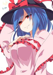 Rule 34 | 1girl, absurdres, bad id, bad pixiv id, blue hair, bow, buttons, capelet, dated, dress, eyes visible through hair, frills, hat, hat bow, hat ribbon, highres, kozakura (dictionary), long sleeves, looking at viewer, nagae iku, pink dress, red bow, red eyes, red ribbon, ribbon, shawl, smile, solo, touhou, upper body, white background
