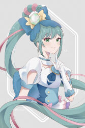 Rule 34 | 1girl, absurdres, apron, blue eyes, blue hair, brooch, corset, cure spicy, delicious party precure, dress, elbow gloves, fuwa kokone, gloves, grey background, heart, heart brooch, highres, jewelry, long hair, looking at viewer, precure, ra lunch, short sleeves, single hair ring, solo, white dress