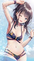 Rule 34 | 1girl, ;d, absurdres, armpits, bikini, black bikini, black hair, blue eyes, blue sky, blurry, blurry background, bracelet, breasts, cloud, commentary request, day, floral print, highres, idolmaster, idolmaster shiny colors, jewelry, kazano hiori, long hair, looking at viewer, masuku (saint mask), medium breasts, mole, mole under mouth, navel, one eye closed, open mouth, print bikini, sky, smile, solo, summer, swimsuit, wet