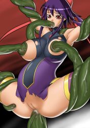 Rule 34 | blush, breast sucking, clothed sex, highres, inflation, legs held, legs held up, oral, purple hair, red eyes, tagme, tentacle on female, tentacles, torn clothes, vaginal