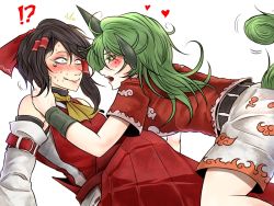 Rule 34 | !?, 2girls, ^^^, animal ears, ascot, bare arms, bare shoulders, belt, black hair, blush, bow, cloud print, commentary request, constricted pupils, detached sleeves, eye contact, facepaint, fangs, fingernails, green eyes, green hair, hair bow, hair tubes, hakurei reimu, heart, horns, imminent kiss, japanese clothes, kariyushi shirt, kneeling, komano aunn, leaning back, leaning forward, long hair, looking at another, medium hair, multiple girls, nail polish, nontraditional miko, nose blush, open mouth, pale skin, red bow, red shirt, ryuuichi (f dragon), shirt, short sleeves, shorts, side ponytail, simple background, single horn, sitting, smile, sweat, nervous sweating, touhou, turtleneck, wavy mouth, white background, white shorts, yellow ascot, yuri